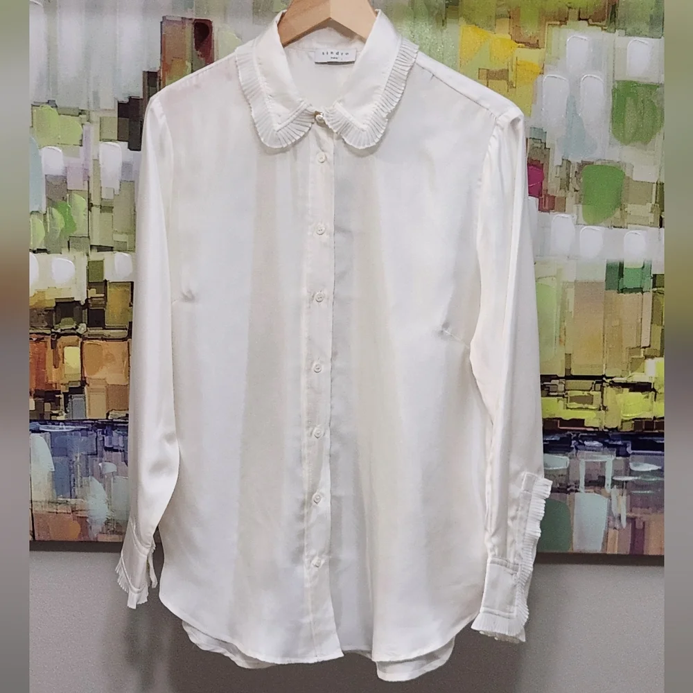 Sandro Cream Ruffle-Neck Silk Blouse - Picture 3 of 10